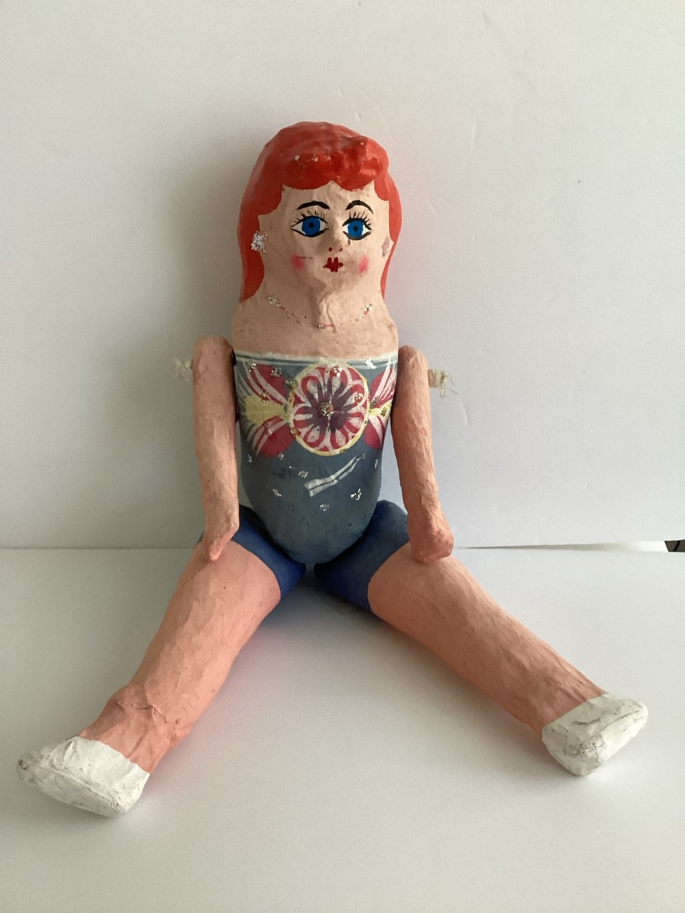 Vintage Mexican Paper Mache Doll Folk Art Hand Painted Articulated Lu pita Doll